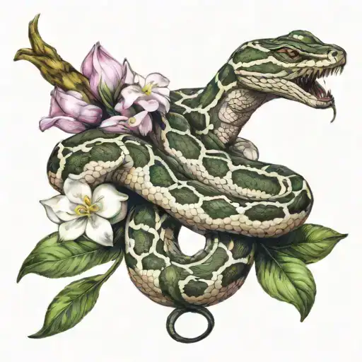 gaboon viper intertwined in hawaiian flowers tattoo design idea