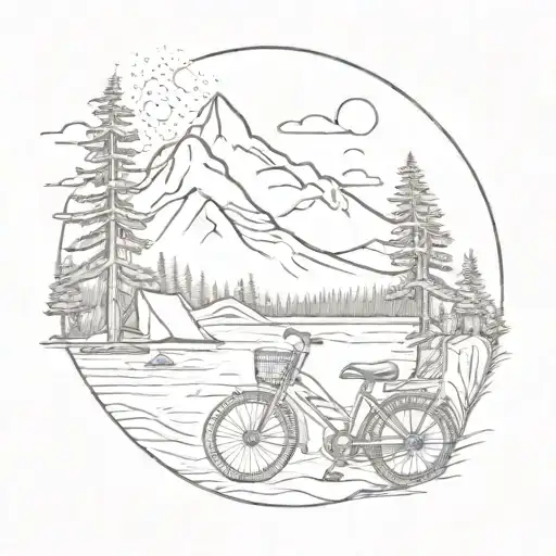 snow capped mountains, pine trees, campfire, ocean waves, bicycle  tattoo design idea