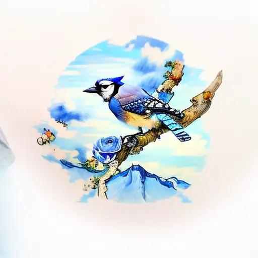 blue jay bird with van gogh art tattoo design idea