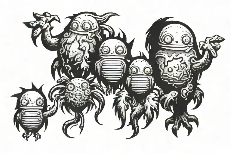 two tototos and four dust sprites standing in a row tattoo design idea