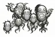 two tototos and four dust sprites standing in a row tattoo design idea