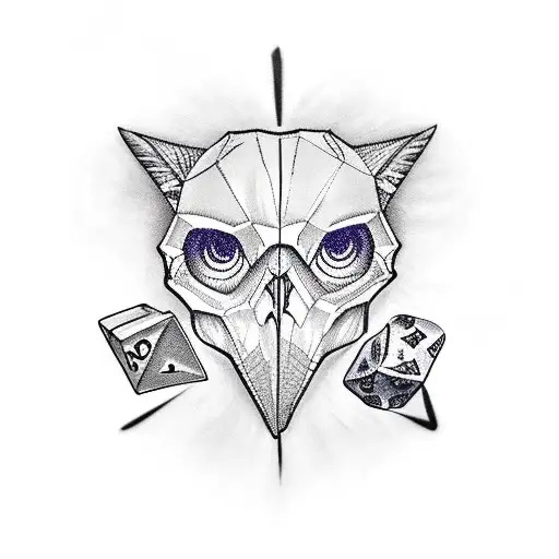 human skull white eyes,moth, wolf white eyes, dice, smoke, molecule tattoo design idea