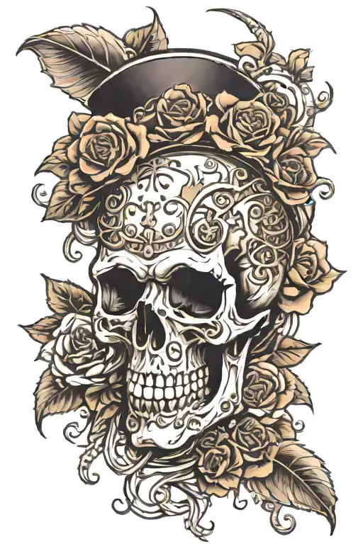steam punk skull with roses wrapped tattoo design idea
