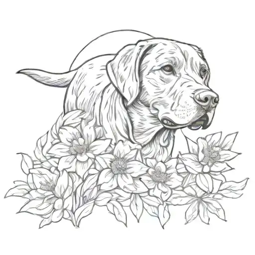 A tattoo design of a chocolate lab playing in a field of orange flowers, representing your love for your dog and hometown tattoo design idea