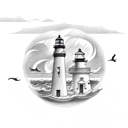 lighthouse with tides, birds and ship tattoo design idea