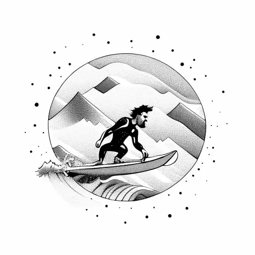 A surfer catching a wave with a mountain backdrop tattoo design idea
