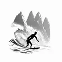A surfer catching a wave with a mountain backdrop tattoo design idea