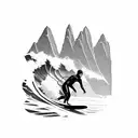 A surfer catching a wave with a mountain backdrop tattoo design idea