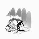 A surfer catching a wave with a mountain backdrop tattoo design idea