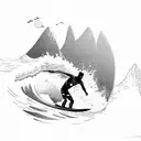 A surfer catching a wave with a mountain backdrop tattoo design idea