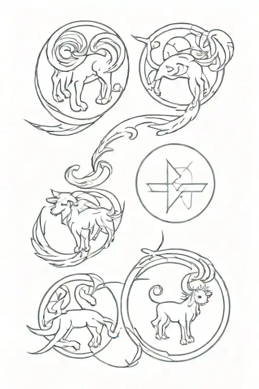 Four symbols of the zodiac signs (Gemini Leo Cancer and Aries) Gemini and Leo are next to each other and Cancer and Aries are lower vertically tattoo design idea