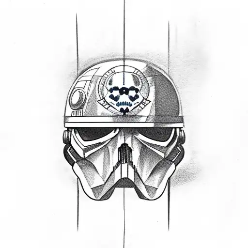 A skull wearing a Star Wars helmet, with the Deathly Hallows symbol as its eyes tattoo design idea