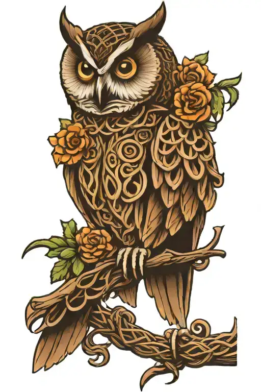 owl and Celtic knotwork intertwined tattoo design idea