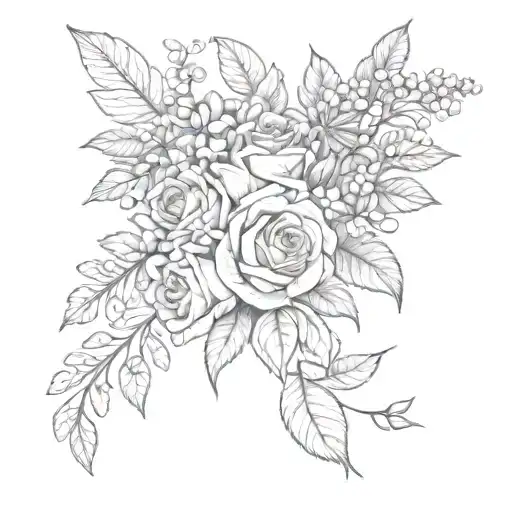 a bouquet of rose, blueberry rice, lilac and a forget-me-not in the middle tattoo design idea
