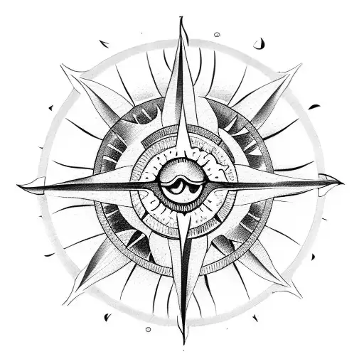 Ocean with sun, moon, all seeing eye in compass tattoo design idea