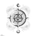 Ocean with sun, moon, compass tattoo design idea