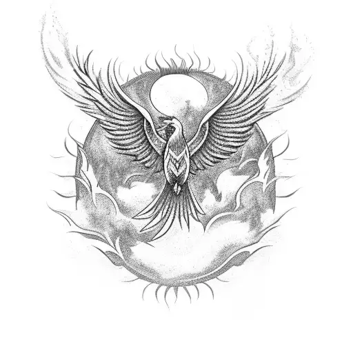 The phoenix, surrounded by fire, is reborn from ice and ash and flies towards the sun tattoo design idea