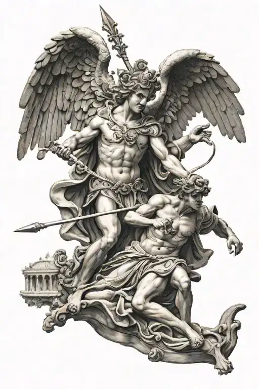Greek style angel statue killing a demon with a spear tattoo design idea