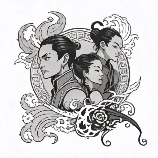 A tattoo design of Zuko and Katara under the sun and moon, symbolizing the balance of fire and water tattoo design idea