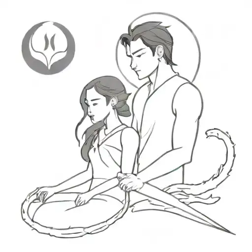 A tattoo design of Zuko and Katara under the sun and moon, symbolizing the balance of fire and water tattoo design idea