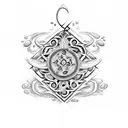 A Portuguese tile-inspired design with music symbols and coffee beans tattoo design idea