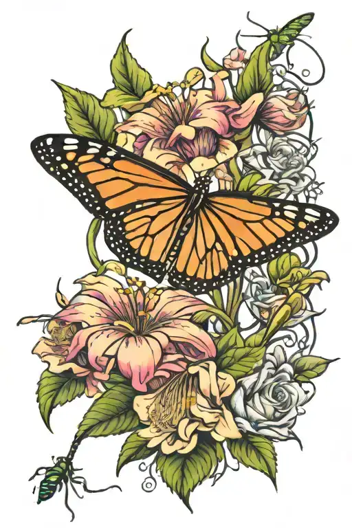 monarch butterfly and praying mantis on flowers growing tattoo design idea