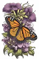 monarch butterfly on an orchid with a praying mantis  tattoo design idea