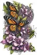 monarch butterfly on an orchid with a praying mantis  tattoo design idea