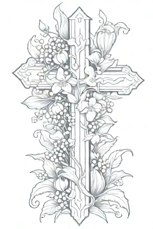Lily of the valley and morning glories wrapped around a cross tattoo design idea