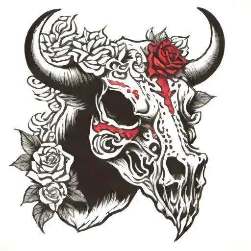 cow skull with roses tattoo design idea