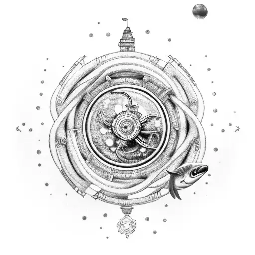 A ship steering wheel entwined with coral and adorned with colorful aquarium fish tattoo design idea