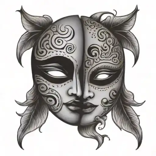 Happy and sad mask with crescent moon phases tattoo design idea