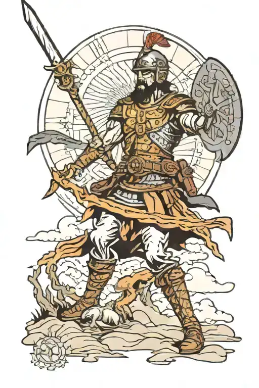 a warrior on a battle field with god overlooking him  tattoo design idea