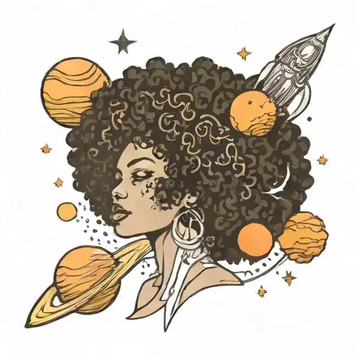 Universe space with planets as the head with black women curly Afro hair with a thick body tattoo design idea