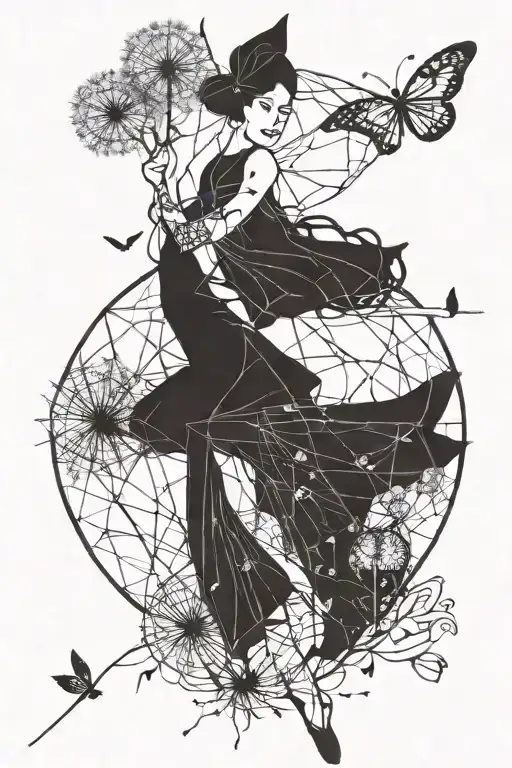 iron fairy holding on to a dandelion carried away by the wind tattoo design idea
