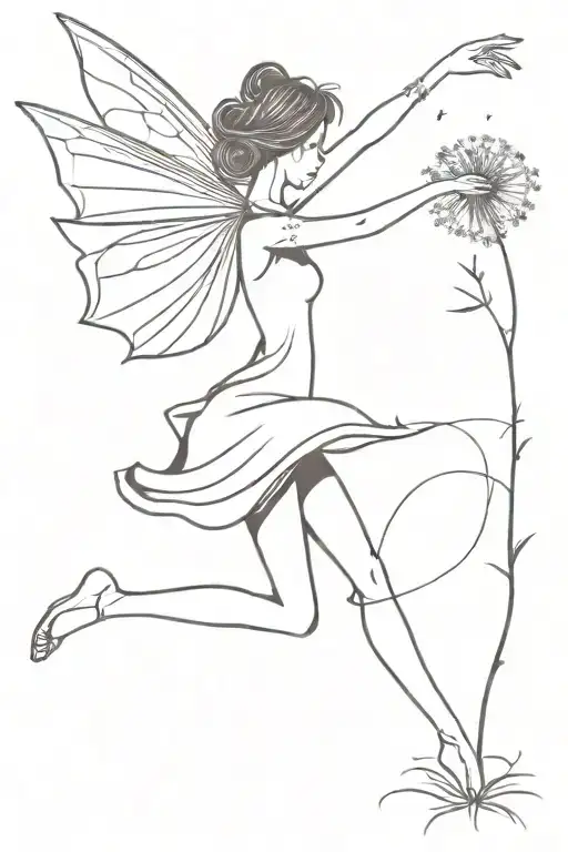 iron fairy holding on to a dandelion carried away by the wind tattoo design idea
