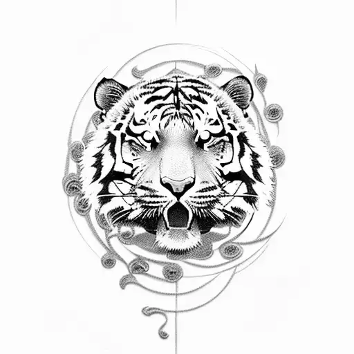 Tiger with Roman numeral clock and roses tattoo design idea