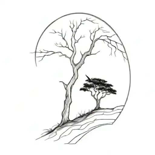 An outline of tall few branch tree on a Hillside, and a Reaper with a long curved Scythe looking towards this way  tattoo design idea