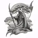 An outline of tall few branch tree on a Hillside and a evil Reaper with a long curved Scythe looking towards this way  tattoo design idea