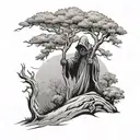 An outline of tall few branch tree on a Hillside and a evil Reaper with a long curved Scythe looking towards this way  tattoo design idea