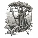 An outline of tall few branch tree on a Hillside and a evil Reaper with a long curved Scythe looking towards this way  tattoo design idea