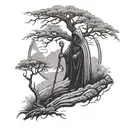 An outline of tall few branch tree on a Hillside and a evil Reaper with a long curved Scythe looking towards this way  tattoo design idea