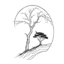 An outline of tall few branch tree on a Hillside, and a Reaper with a long curved Scythe looking towards this way  tattoo design idea