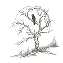 An outline of tall few branch tree on a Hillside, and a Reaper with a long curved Scythe looking towards this way  tattoo design idea