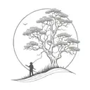 An outline of tall few branch tree on a Hillside, and a Reaper with a long curved Scythe looking towards this way  tattoo design idea