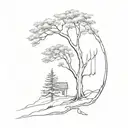 An outline of tall few branch tree on a Hillside, and a Reaper with a long curved Scythe looking towards this way  tattoo design idea
