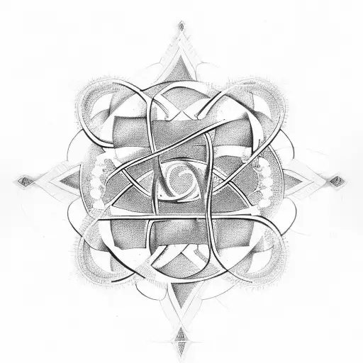 An abstract representation of religious symbols intertwined with mathematical equations tattoo design idea