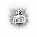A powerful image of Jesus holding a bible, surrounded by rays of light tattoo design idea