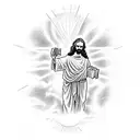 A powerful image of Jesus holding a bible, surrounded by rays of light tattoo design idea