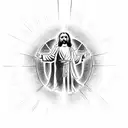 A powerful image of Jesus holding a bible, surrounded by rays of light tattoo design idea